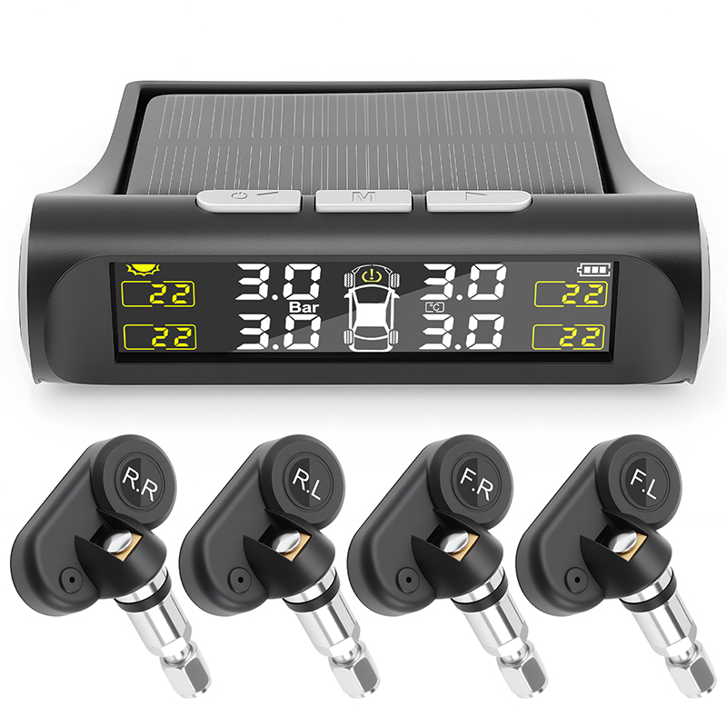 Sistema de Monitoramento de Pressão dos Pneus (TPMS) Solar Sem Fio com LCD + 4 Sensores Internos