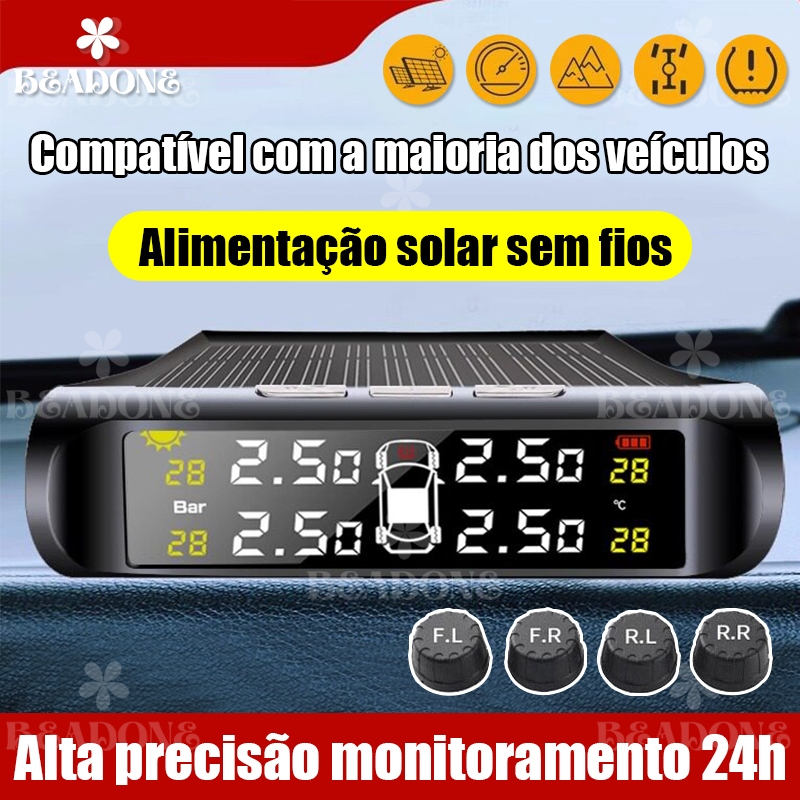 Monitor de Pressão dos Pneus TPMS Energia Solar com Sensores Externos Carregamento USB Alta Precisão Alerta de Vazamento