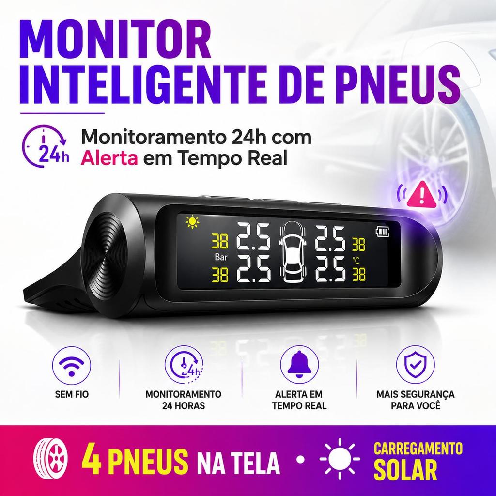 TPMS Solar Monitor de Pressão dos Pneus com 4 Sensores Externos | Pronta Entrega