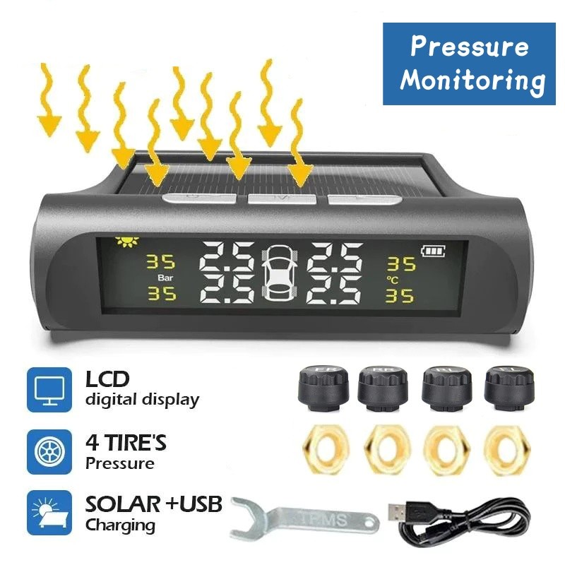 Sistema De Alarme De Pressão De Pneus De Energia Solar TPMS Segurança Automático Aviso De Temperatura