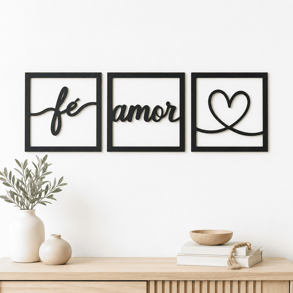 Kit Decorativo Fé Amor Coração MDF Preto 3mm Para Sala Quarto Cabeceira Hall Parede Moderna