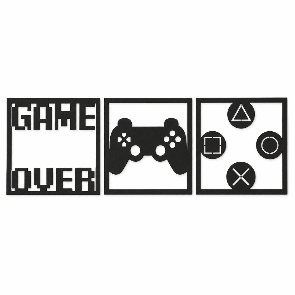 Quadros Decorativos Gamer Kit 3 Peças MDF Preto 3mm Para Parede Quarto Sala Controle Game Over 30x30 15x15