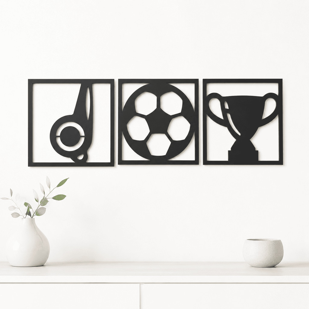 Kit Decorativo Futebol Apito Bola Troféu MDF Preto 3mm Para Sala Quarto Área Gamer Parede