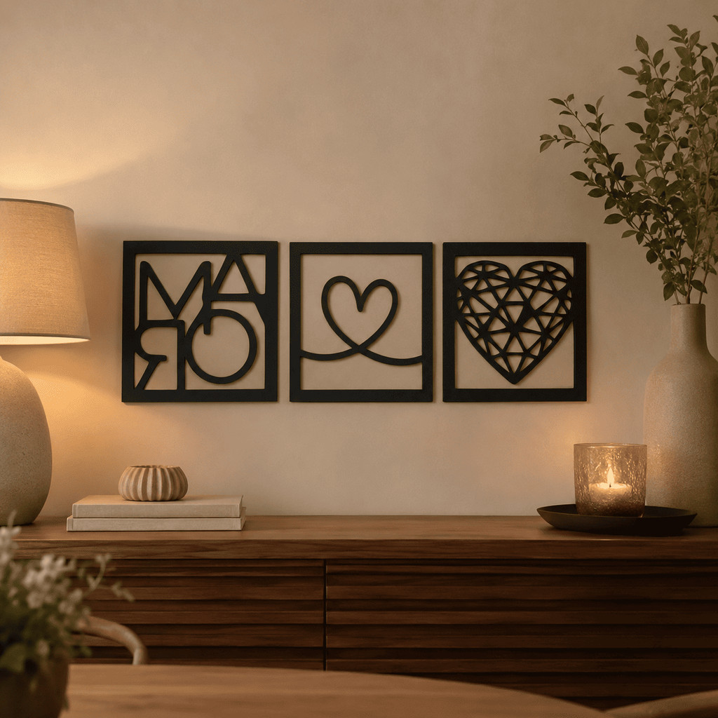 Quadros Decorativos Mãe MDF Preto 3mm Kit 3 Peças Coração Minimalista Para Sala Quarto