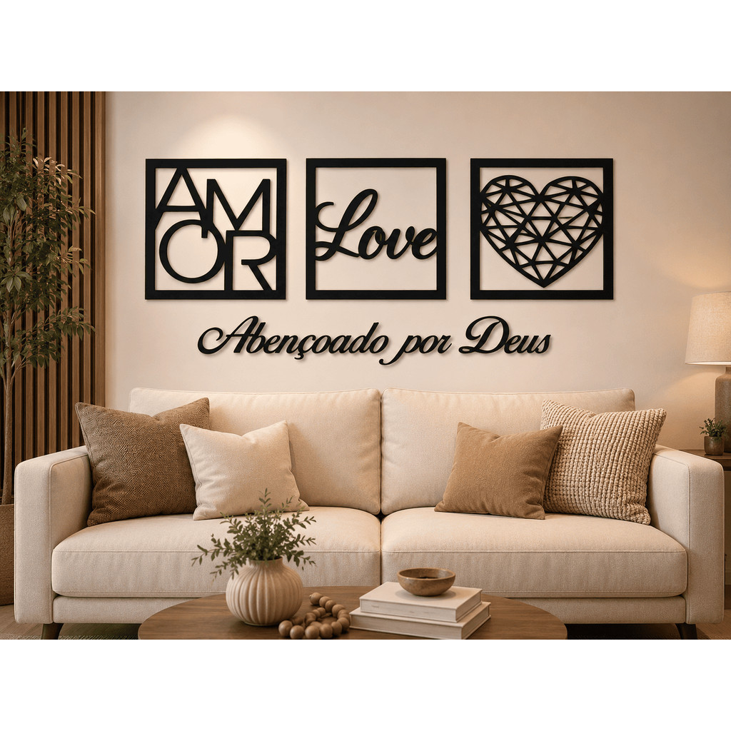 Kit Decorativo Mãe Love Coração E Frase Abençoado Por Deus MDF Preto 3mm Para Quarto Sala Parede Moderno