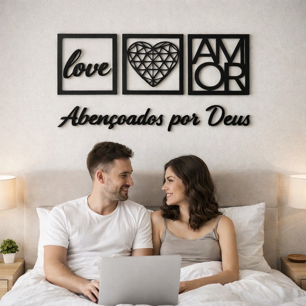 KIT 3 QUADROS + FRASE DECORATIVOS MDF PRETO ABENÇOADO POR DEUS, DECORACAO SALA, QUARTO, ESCRITORIO
