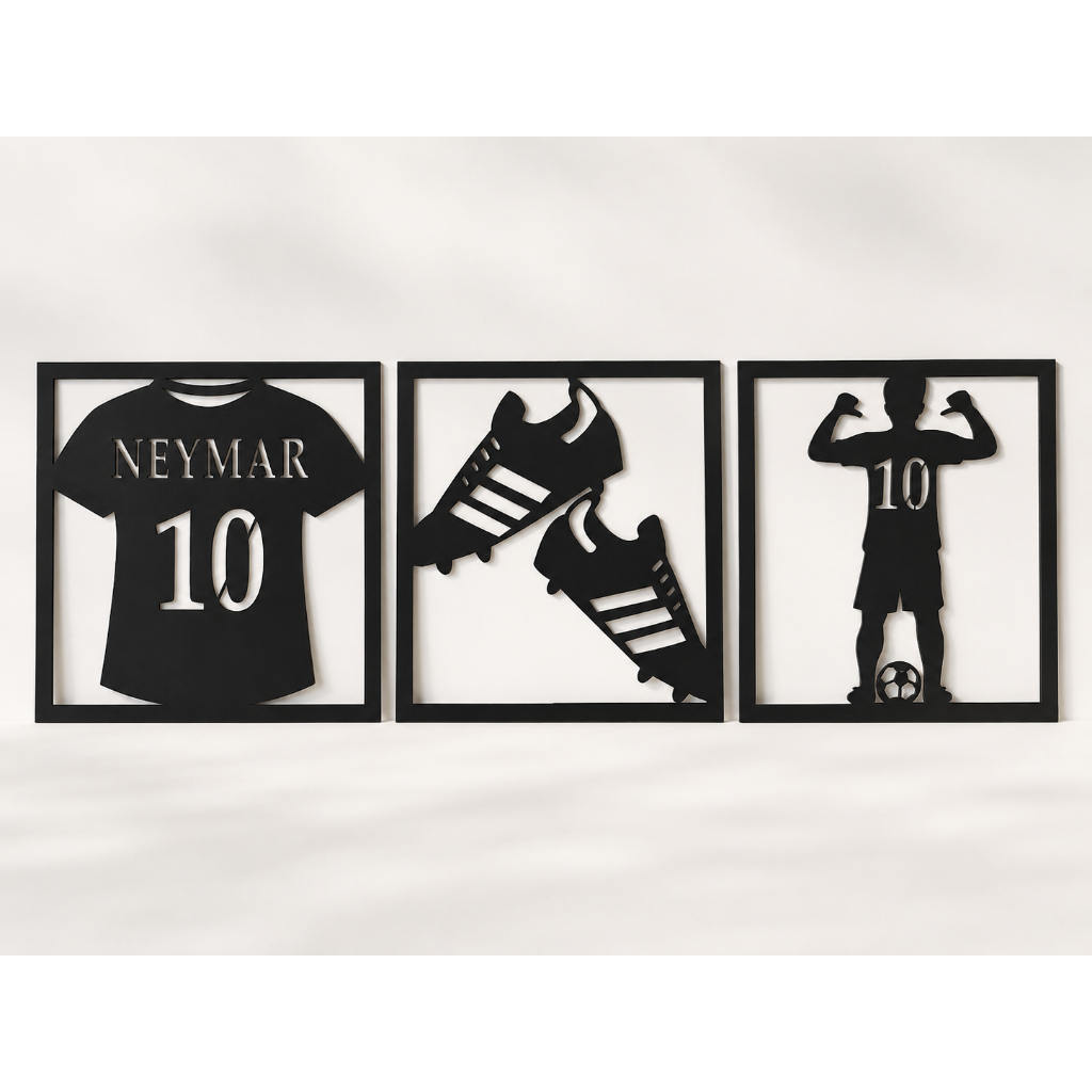 Kit 3 Quadros Decorativos Futebol Camisa 10 Chuteira Jogador MDF Preto 3mm Para Sala Quarto Parede