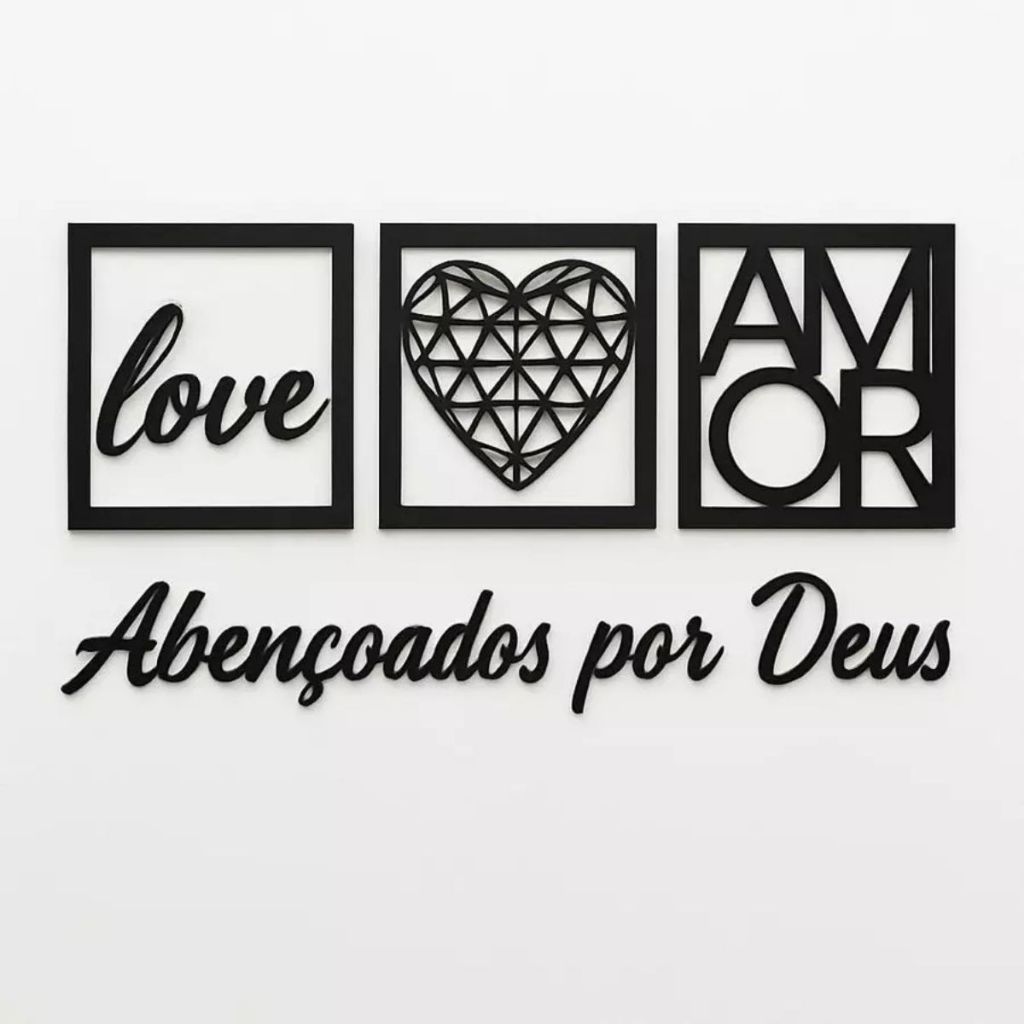 Kit 3 Quadros Decorativos Mãe Love Coração Com Frase Abençoado Por Deus MDF Preto 3mm Sala Quarto Parede