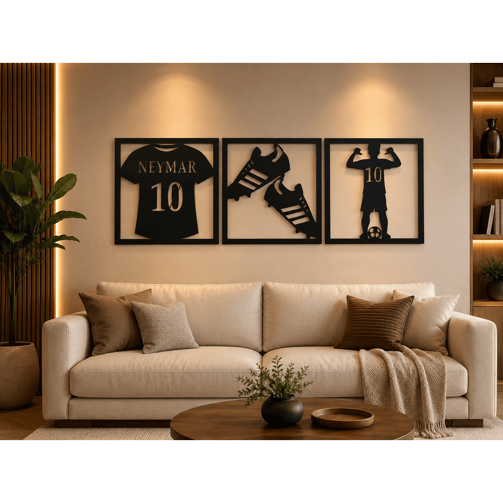 Kit Decorativo Futebol Camisa 10 Chuteira Jogador MDF Preto 3mm Para Sala Quarto Parede Moderna