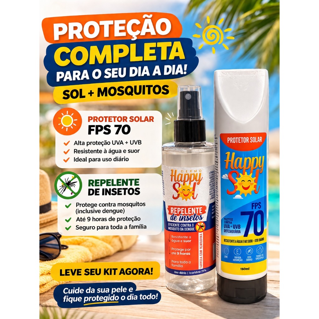 Kit Protetor Solar FPS 70 + Repelente 200ml | Proteção UVA/UVB + Anti Mosquito | Praia Piscina Verão
