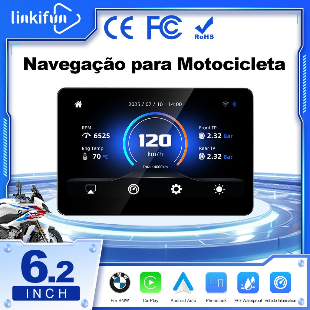 Linkifun MT13 Pro Tela Moto 6,2'' p/ BMW, CarPlay/Android Auto sem fio, Wonder Wheel, Espelhamento, IP67
