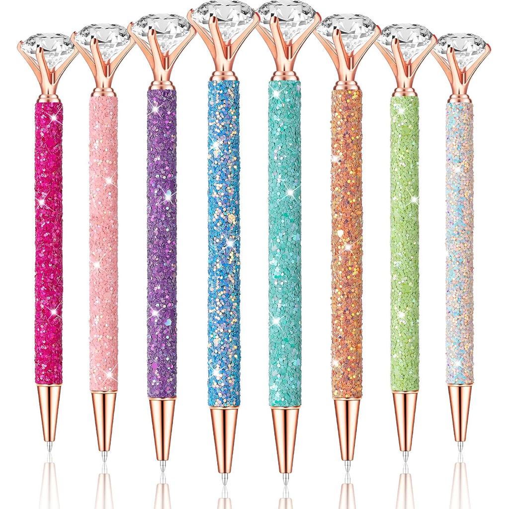 Fuutreo 8 Pcs Diamond Pens with Crystal Shining Glitter Gifts for Christmas Wedding Crystal Metal Cute Ballpoint Pens wi
