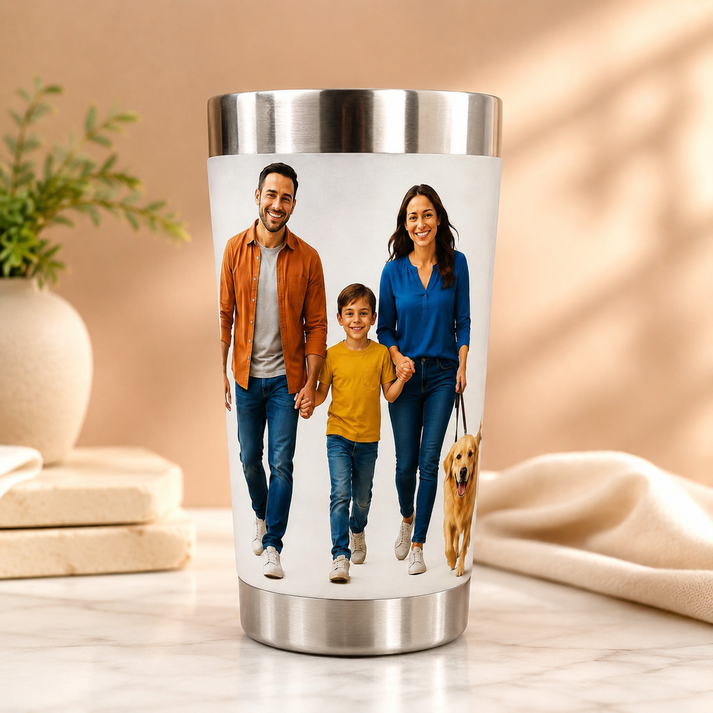 Personalized Family Photo Stainless Steel Travel Tumbler with Custom Portrait Wrap