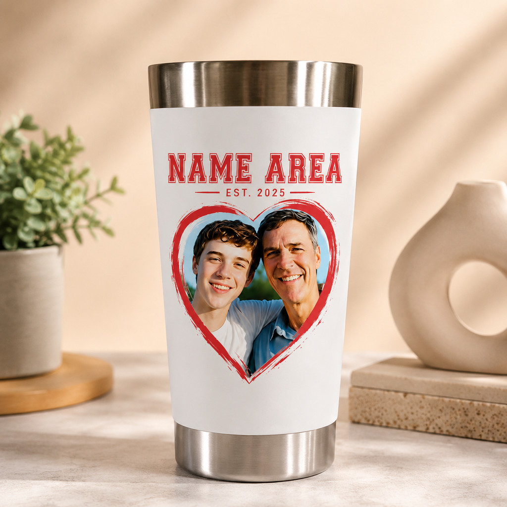 Personalized Name & Photo Heart Tumbler – Custom Father-Son Keepsake Travel Cup