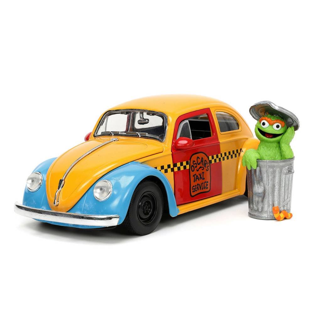 Miniatura Carro Volkswagen Beetle Fusca Taxi c/ Figura Oscar Vila Sésamo (1959) - Metals Die Cast - 1:24 - Jada Toys