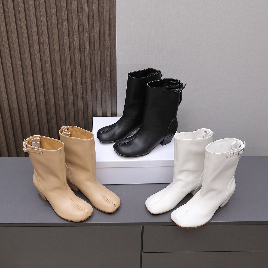 High end Outono E Inverno Botas Femininas Fivela Couro Genuíno Split Toe Tabi Salto Grosso De Moda