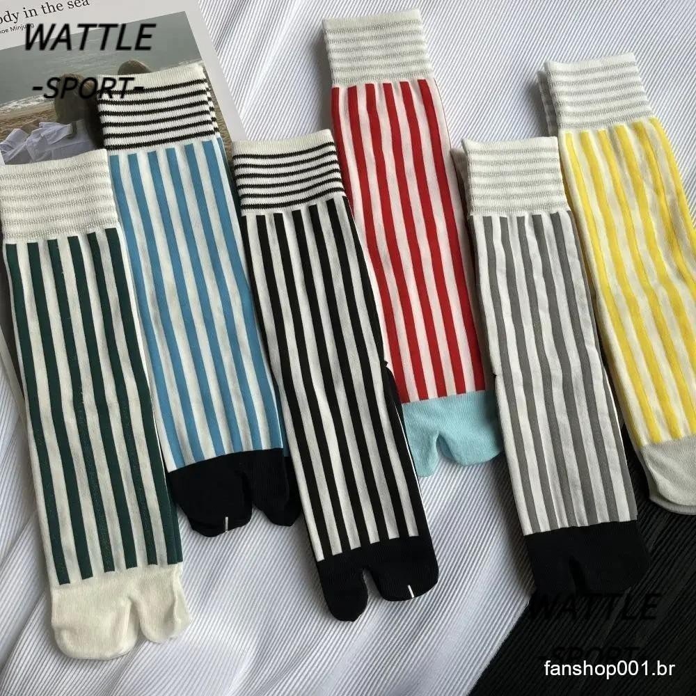 Meias WATTLE Toe , Listradas Coloridas Divididas Tabi Femininas De Algodão Penteado Com Tubo Médio