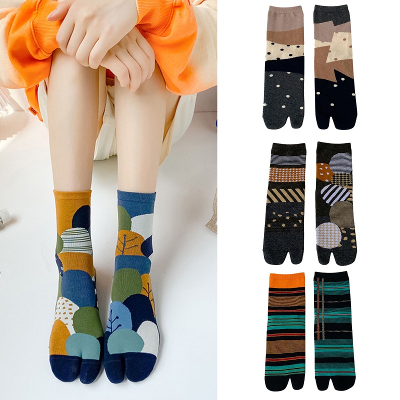 YYS Unissex Split Toe Quimono Tabi Tripulação Meias Colorblock Abstrato Ponto Listrado Impressão 2 Dedos Japonês Flip Fl