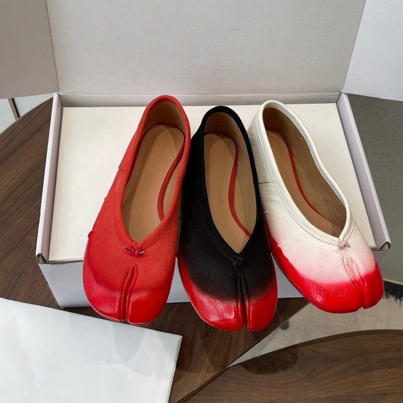 Novo Retro Split Toe Ballet Sapatos Para Mulheres Couro Genuíno Fundo Plano Um Passo Tabi Único Moda