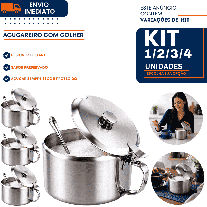 Açucareiro Inox Com Tampa e Colher 1/2/3/4 240ml Pequeno Para Açucar Condimento Cantinho do Café Restaurante Cozinha