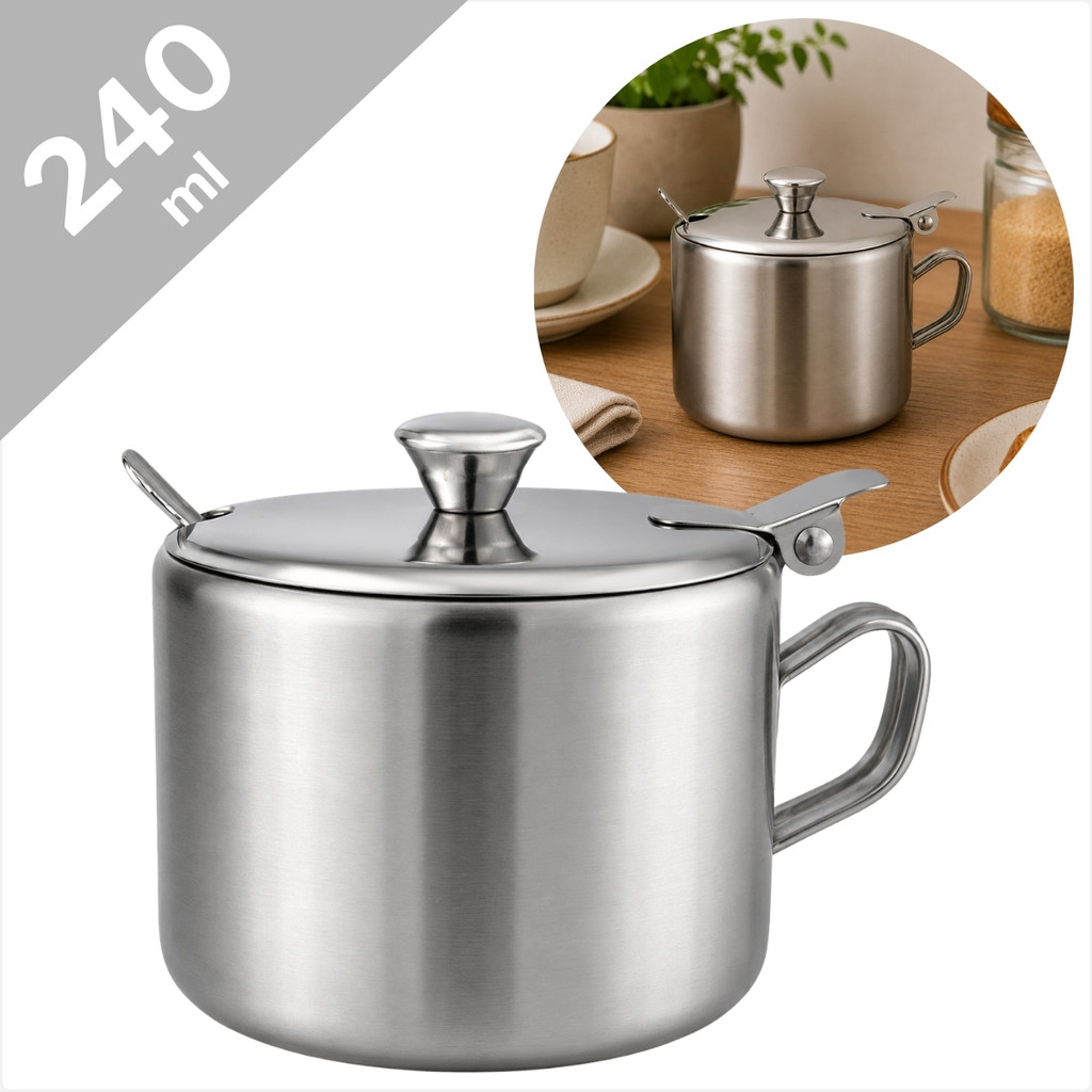 Açucareiro Para Café Chá e Mesa Posta Em Inox 240ml Com Tampa e Colher