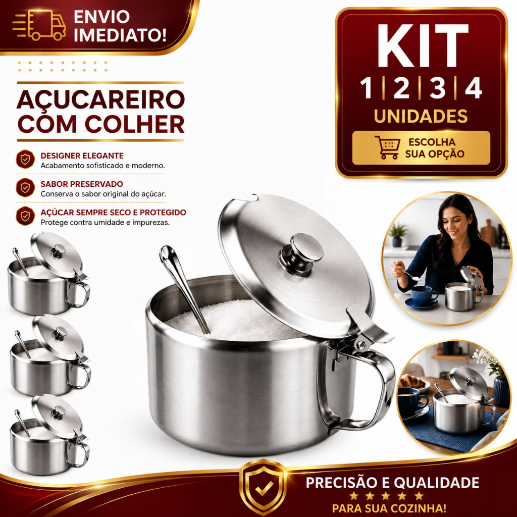 Açucareiro Inox Com Tampa e Colher Kit 1/2/3/4 240ml Pequeno Para Açucar Condimento Cantinho do Café Restaurante Cozinha