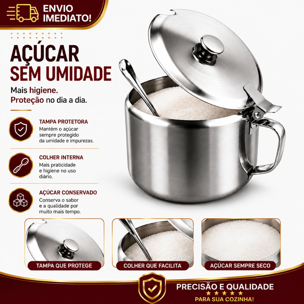 Açucareiro Inox Com Tampa e Colher 240ml Pequeno Para Açucar Condimento Cantinho do Café Restaurante Cozinha