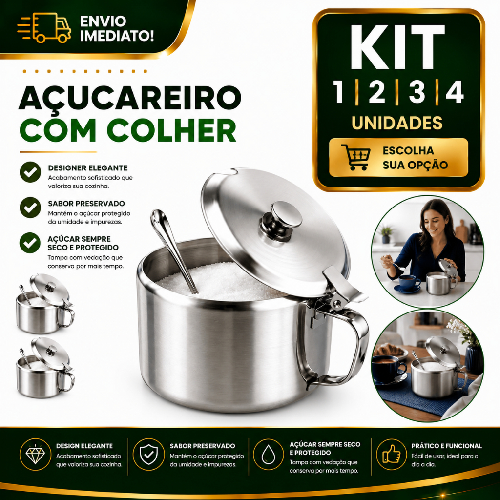 Açucareiro Inox Com Tampa E Colher 1/2/3/4 240ml Para Açúcar Condimentos Cantinho Do Café Cozinha Restaurante
