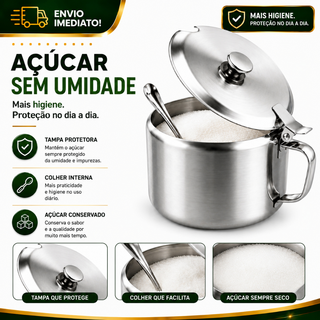 Pote Açucareiro Inox Com Tampa E Colher 240ml Pequeno Para Açúcar E Condimentos Cozinha Gourmet