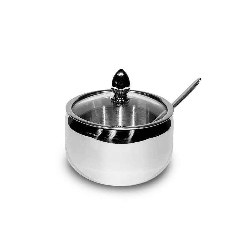 Açucareiro Pote 240ml Café Aço Inox Tampa De Vidro C/ Colher