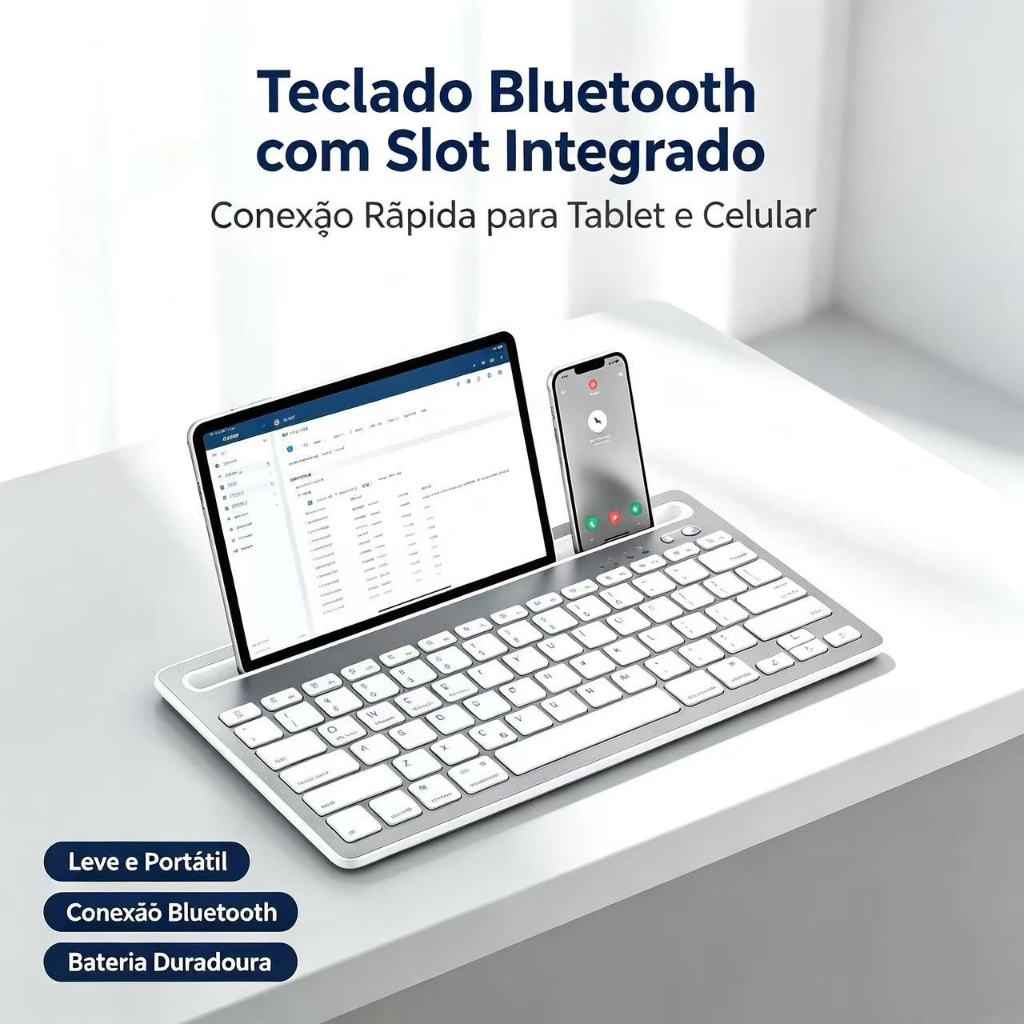 Teclado Bluetooth Sem Fio com Slot Suporte Integrado para Celular e Tablet, Duplo Bluetooth, Recarregável Type‑C Compatí