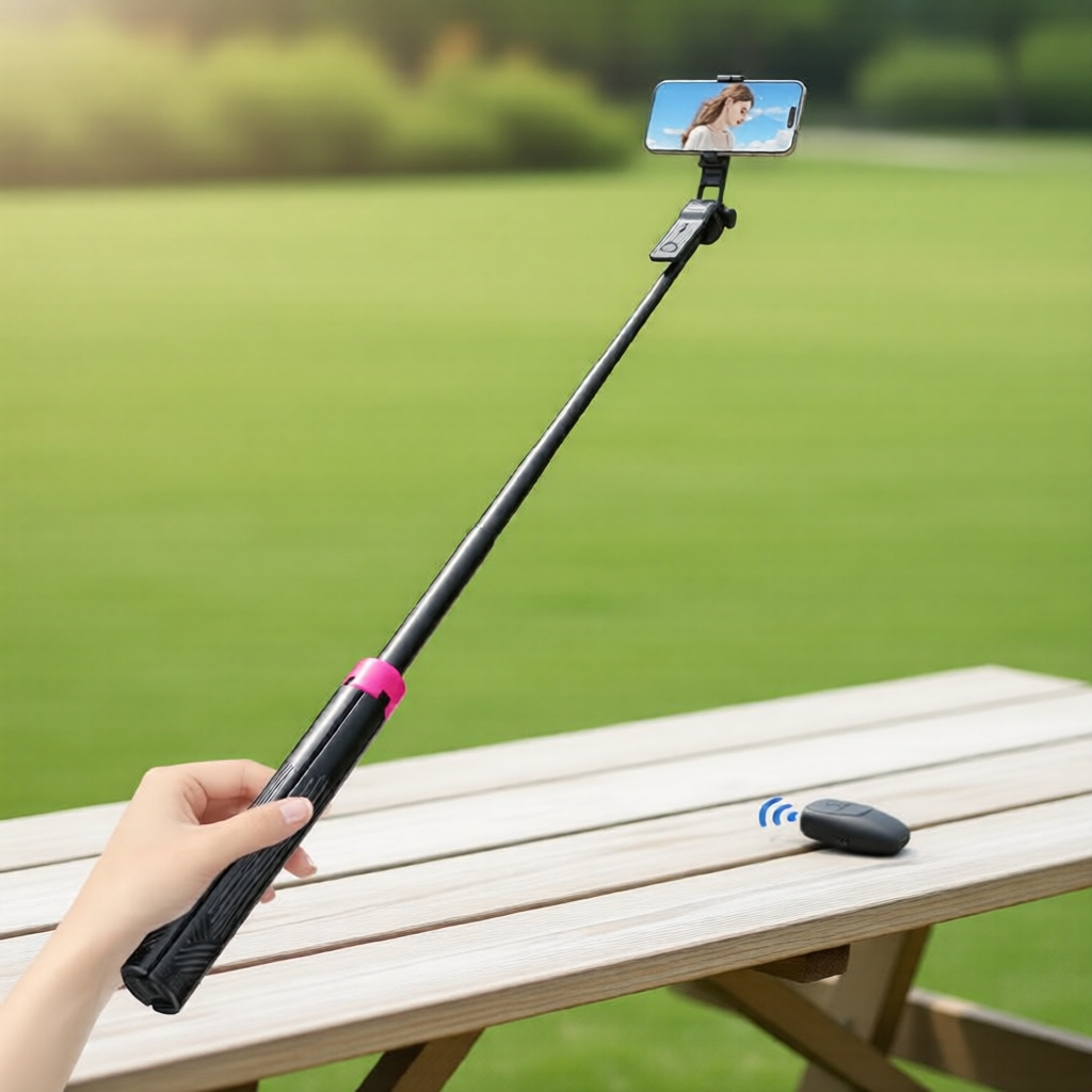 Bastão de Selfie Tripé Extensível com Controle Remoto Sem Fio, Portátil e Leve, Suporte Integrado