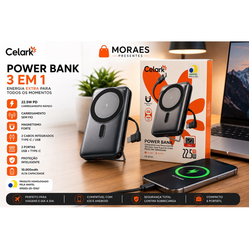 Power Bank 10.000mAh 22.5W PD, carregamento magnético sem fio, USB-C, tela digital e suporte integrado.