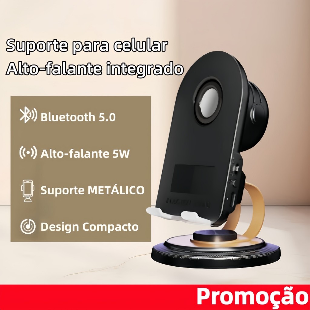Suporte Giratório 360° para Celular com Bluetooth, Alto-Falante Integrado e Transmissão de Áudio Sem Fio