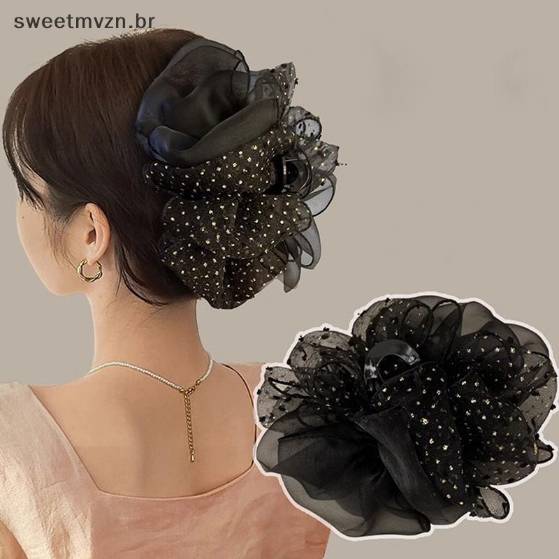 sweetmvzn Verão Doce Malha Tule Grande Arco Grampos De Garra De Cabelo Para Mulheres Cores Sólidas Elegante Bowknot Rabo