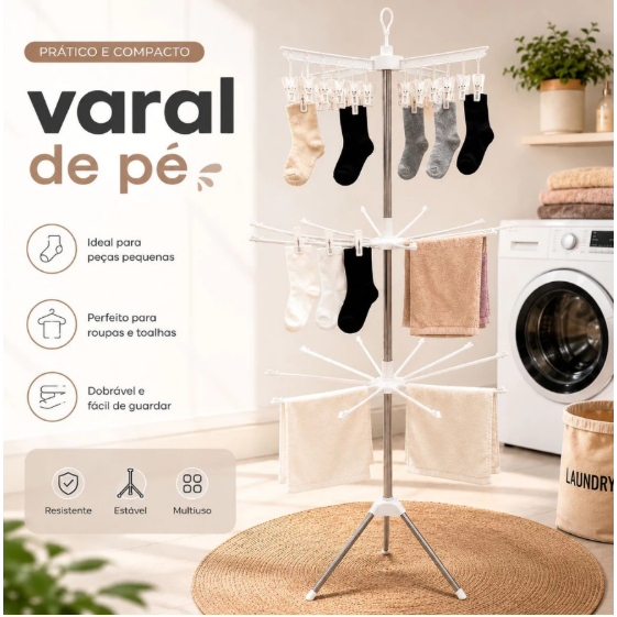 Varal de Chão Dobrável Giratório 360° Multiuso Prendedores Organizador Lavanderia 170cm Arara de Chão guardar