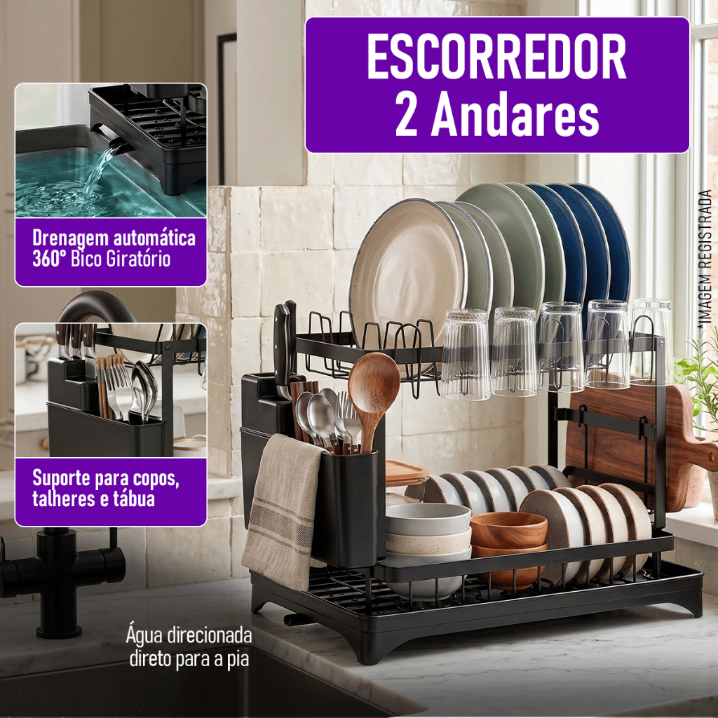Escorredor De Louça Inox 2 Andares Com Dreno 360° Porta Talheres Copos Organizador De Pia Antiferrugem