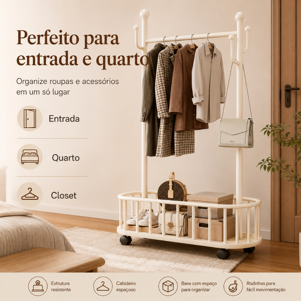 Arara de Roupas de Chão em Aço com Rodas 360°, Ganchos Laterais e Cesto Sapateira