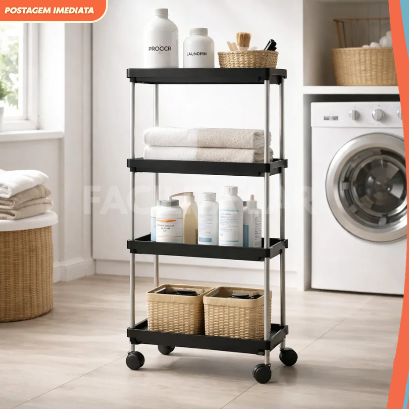 Estante Organizadora Multiuso com Rodinhas 360° – Preto ou Branco – Cozinha, Escritório e Banheiro
