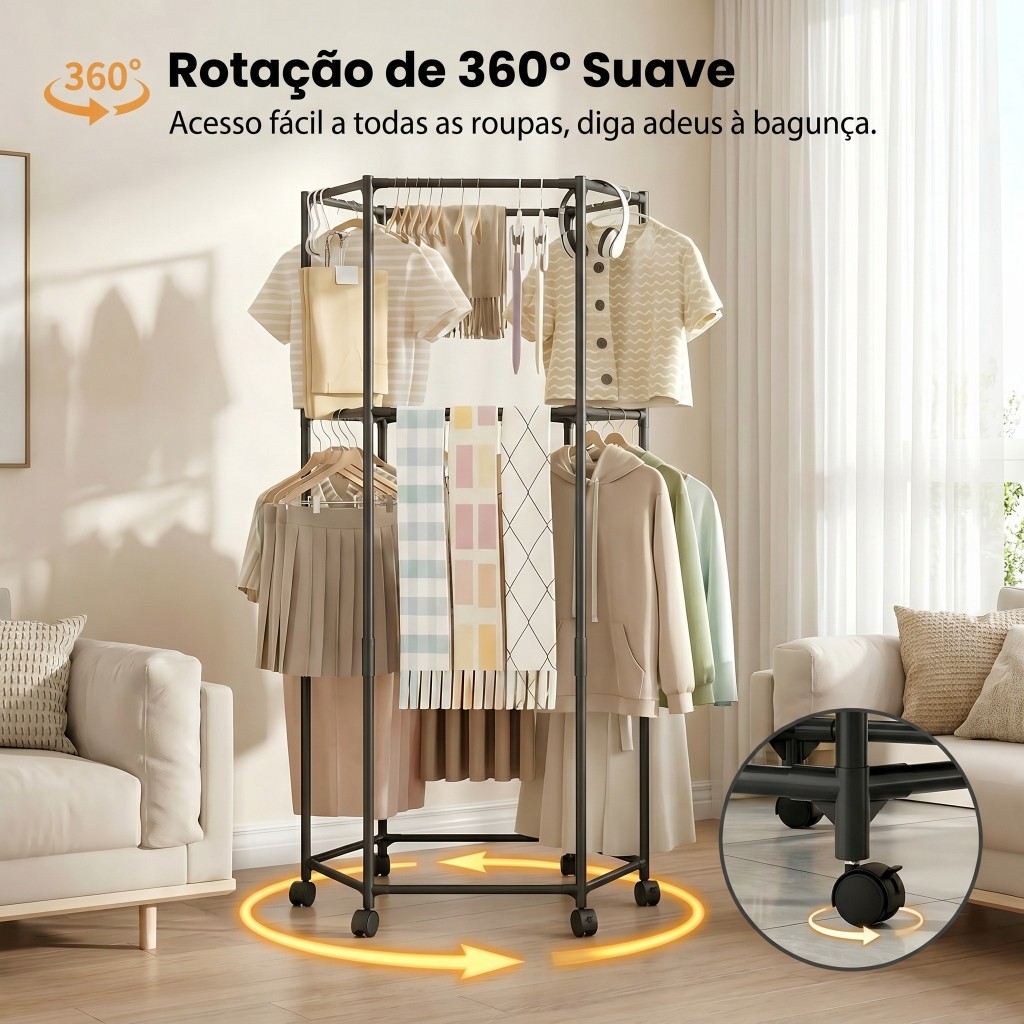 Varal De Chão Roupas Cabideiro Hexagonal Dupla Camada 360°