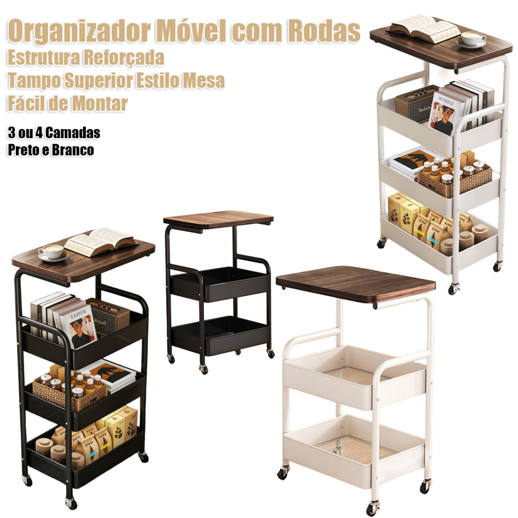 Carrinho De Rodas 360° 3~4 Andares Multiuso Para Casa, Estrutura Resistente para Casa, Cozinha e Escritório