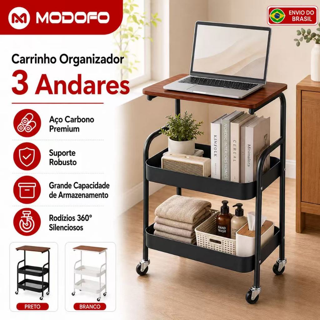 MODOFO Carrinho Organizador 3 Andares Com Rodinhas 360° Aço Carbono Tampo De Madeira Multiuso Cozinha Banheiro Quarto