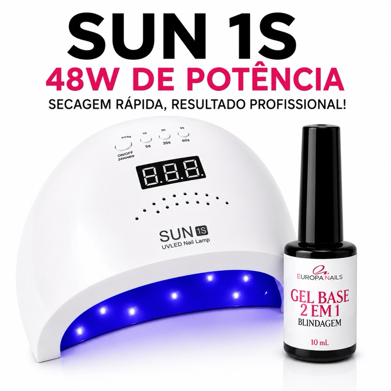 Cabine Led Sensor Digital SUN 1S 48W + Gel Capa Base 2 em 1 Para Unhas em Gel Blindagem Profissional