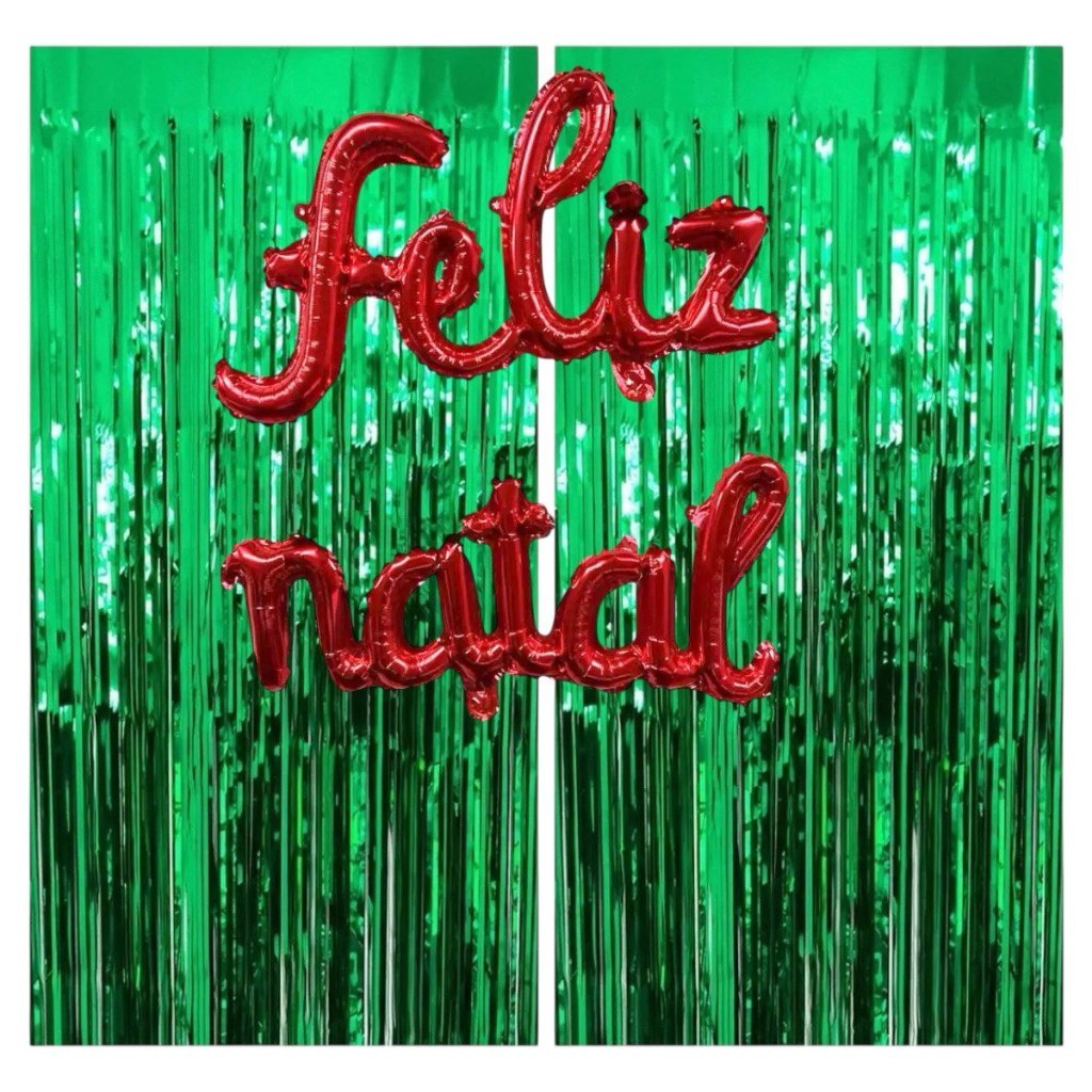 Kit 12 c/ pcs Balão Letras Feliz Natal Vermelho + 2 Cortinas Metalizado Verde