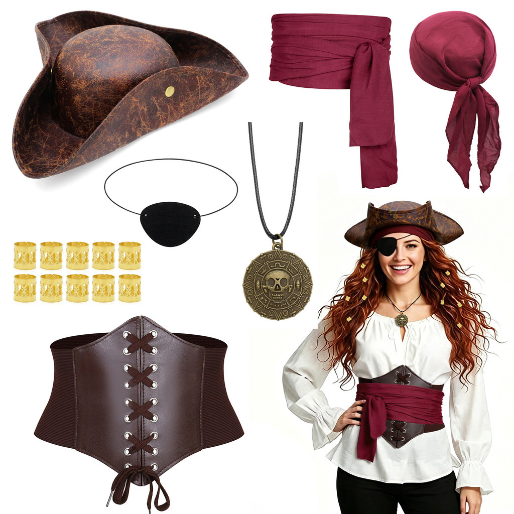 Adulto Pirata Traje Acessórios 7 Pçs Conjunto Halloween Chapéu Máscara De Olho Cinto Colar Cosplay Festa Outfit