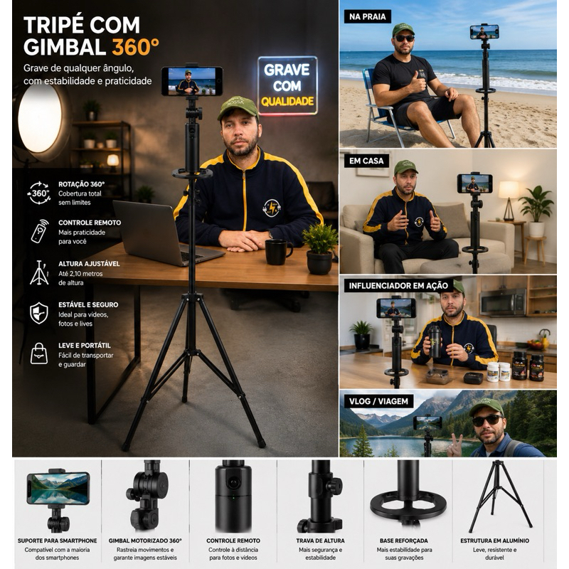 Gimbal Tripé Profissional 2,10m 360° Inteligente para Celular | Auto Tracking IA | Gravação YouTube TikTok Lives Podcas