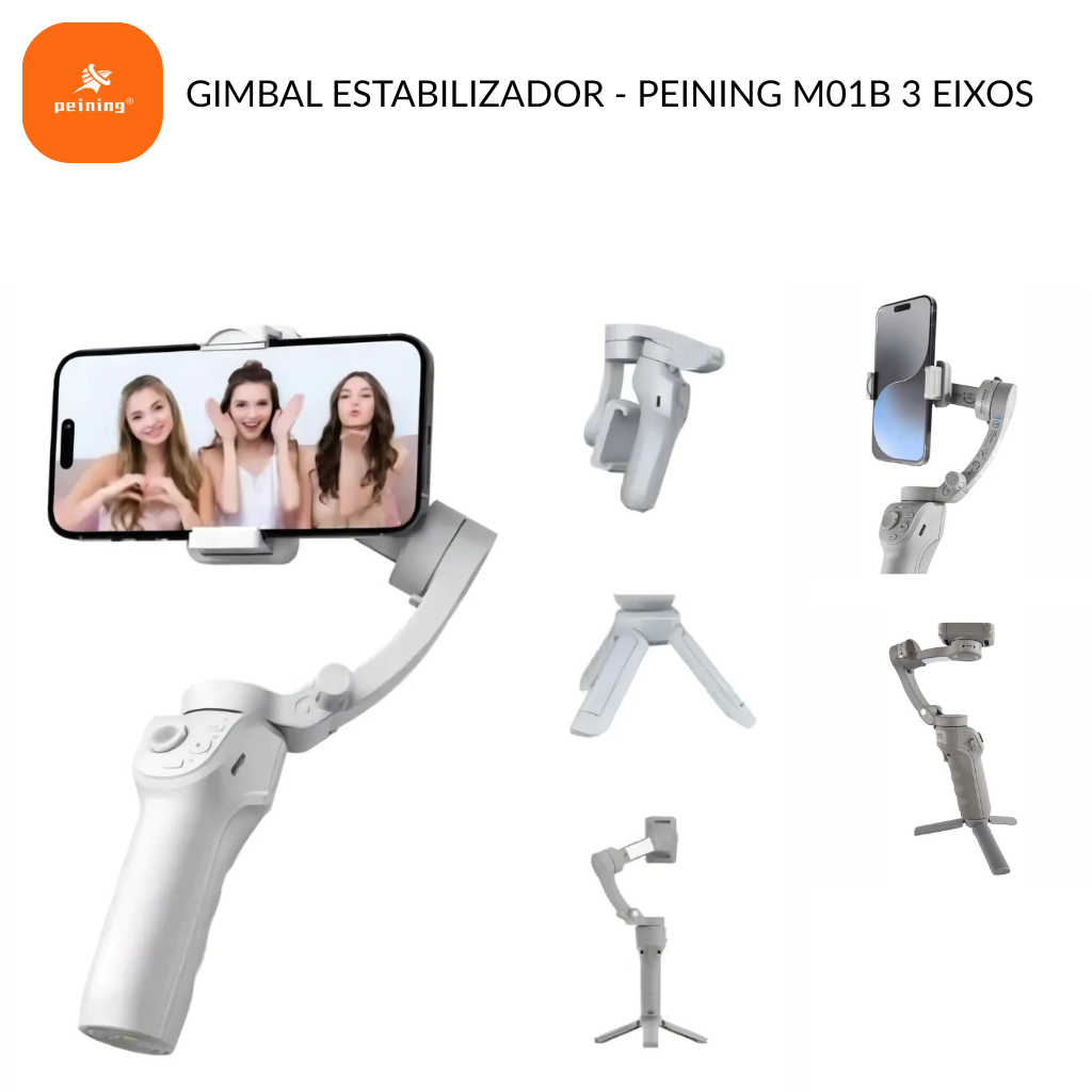 Gimbal Estabilizador Peining M01B 3 Eixos | Face Tracking | Bateria 3600mAh | Bluetooth 5.2