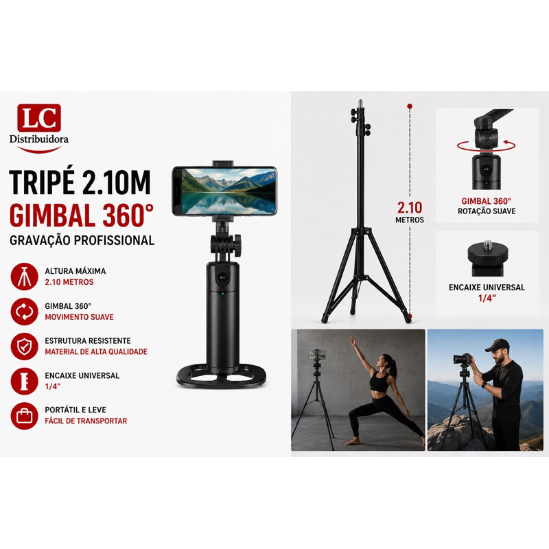 Tripé Inteligente com Gimbal 360° 2,10m Auto Tracking Controle Bluetooth para Celular Android e iPhone