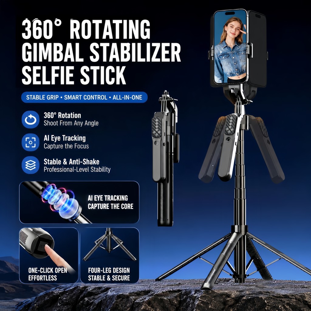 1.8m 360°AI Face Tracking Selfie Stick Tripé Rotativo Automático Gimbal Suporte para Celular Rastreamento Inteligente Vl