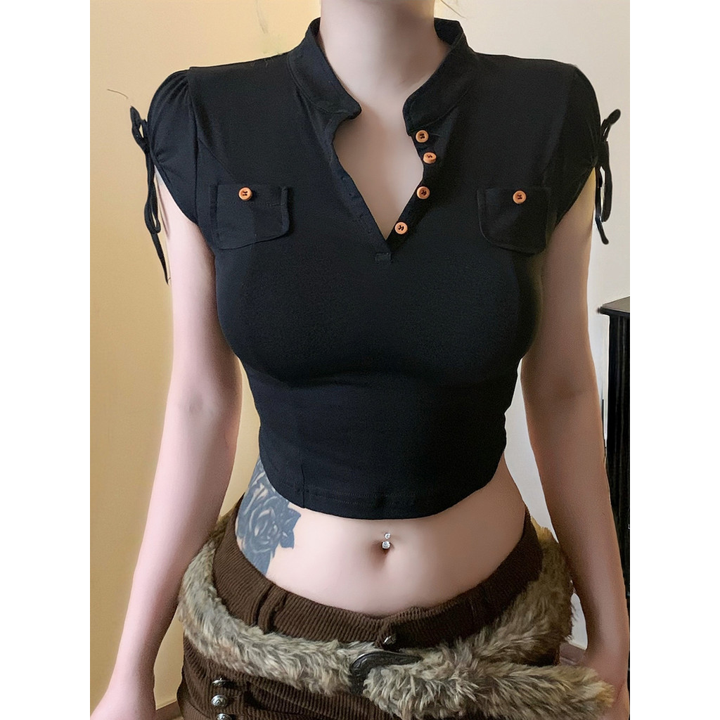 FabGirls Retro Tooling Style Botão Costura Contraste Cor Camiseta de manga curta Nicho All-Match Slimmer Look Knit Top